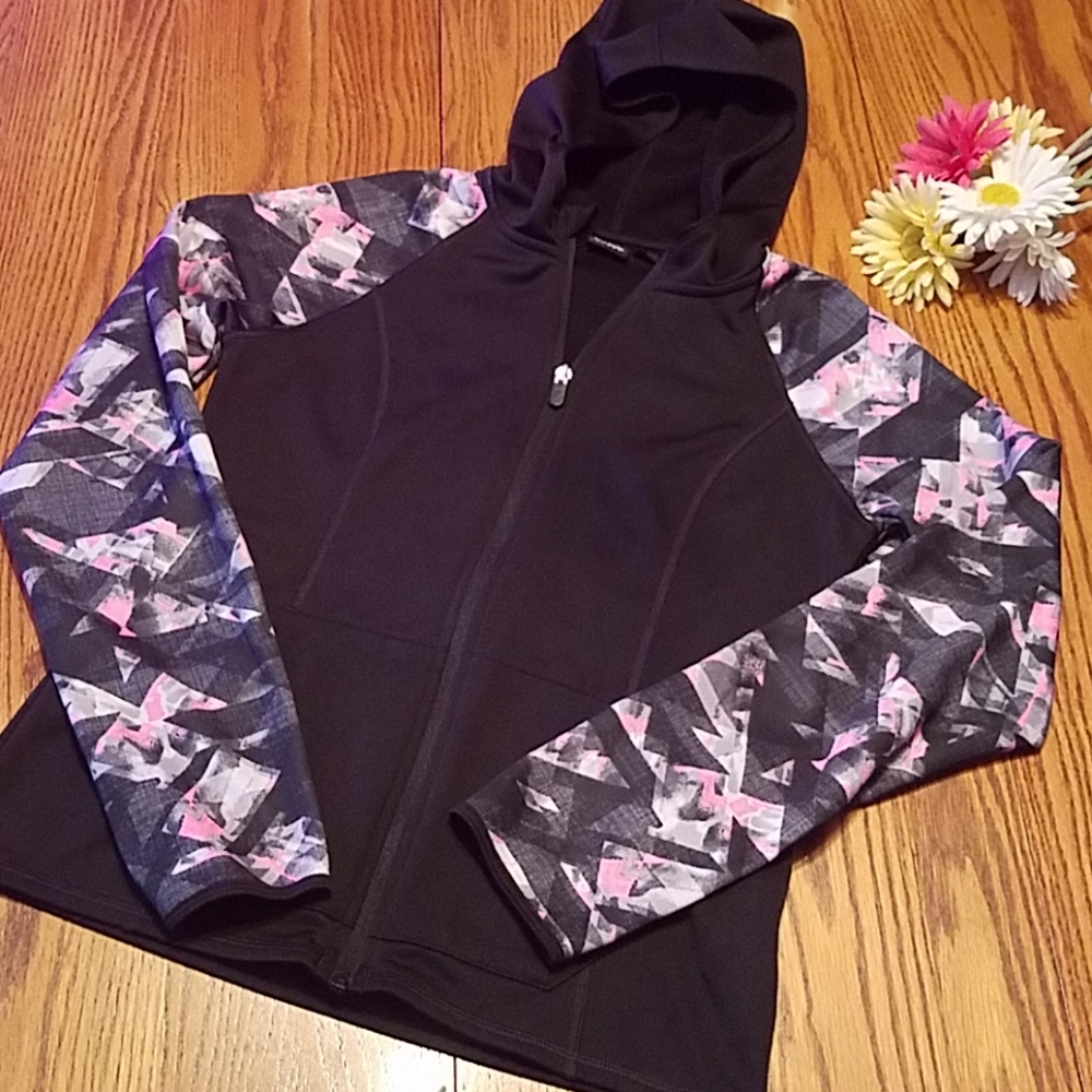 Girls' Black Hoodie Jacket with Pink & Gray Geometric Sleeves